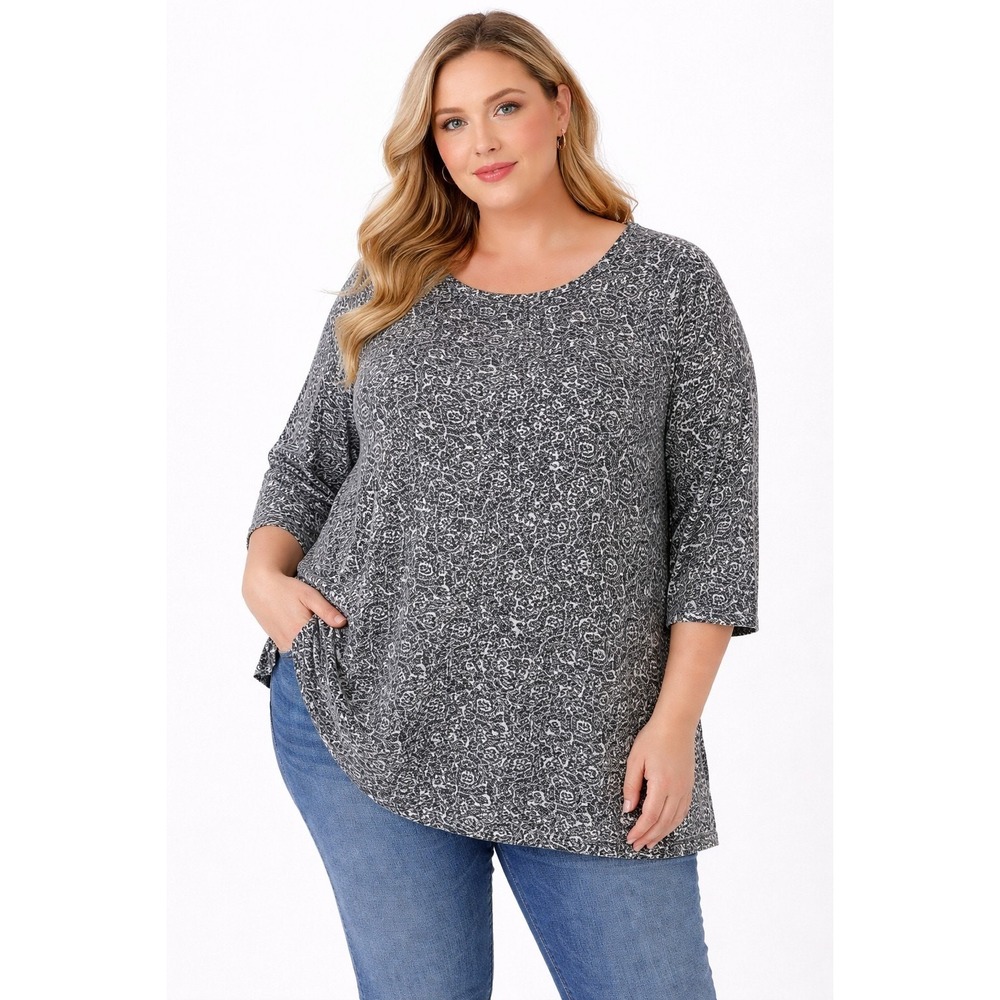 Jessica London‎ Tunic Womens 22/24 Grey White 3/4 Sleeve Side Vent Shirt Casual